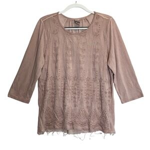 XCVI Mind Set Pink Pullover Raw Hem Embroidered Floral Long Sleeve Tunic Top XL